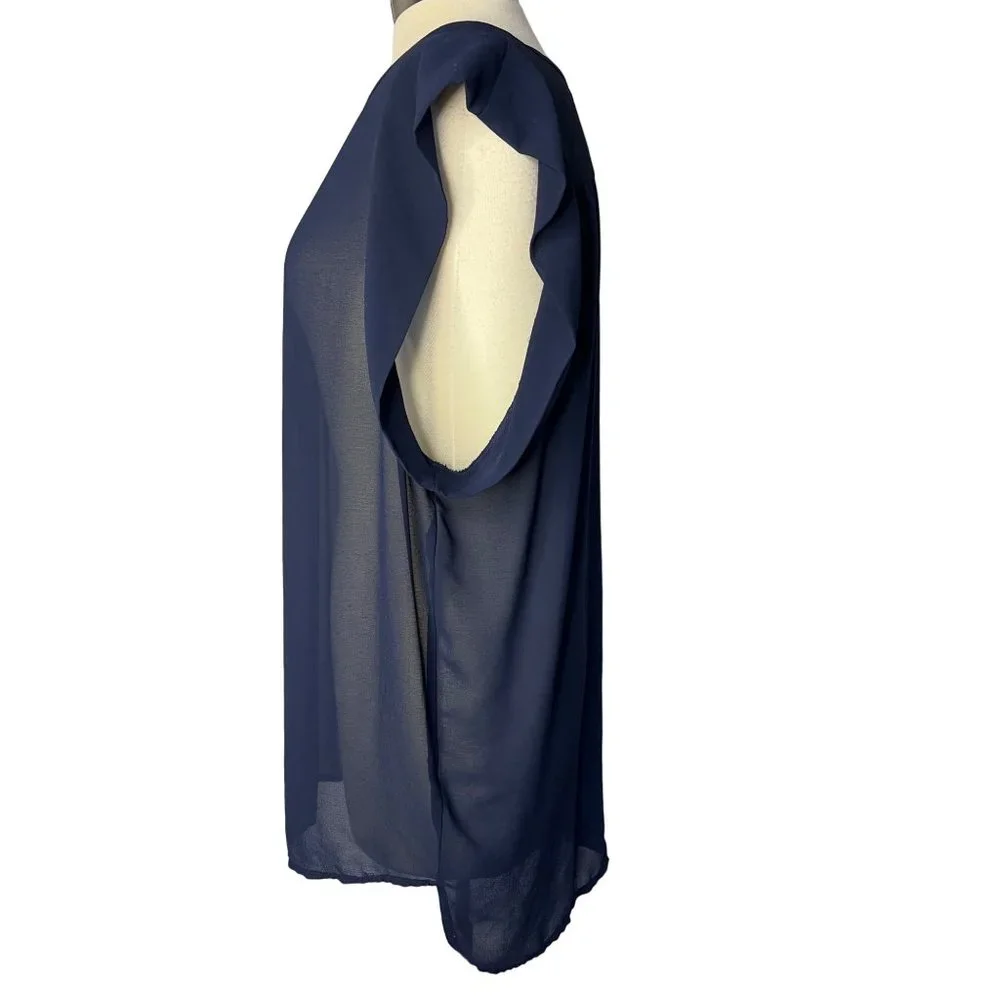 Costa Blanca Blouse Women's Blue Large Sheer Sleeveless Round Neck Hi-Lo Hem